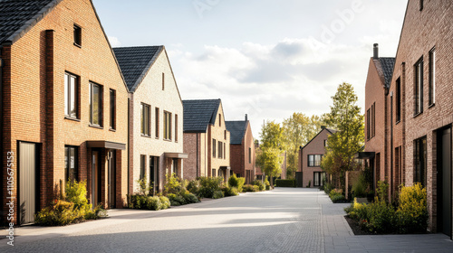 Modern suburban houses lined along a sunny street.