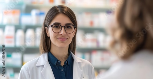 Pharmacist explaining medication to customer, medicine adherence, disease management education