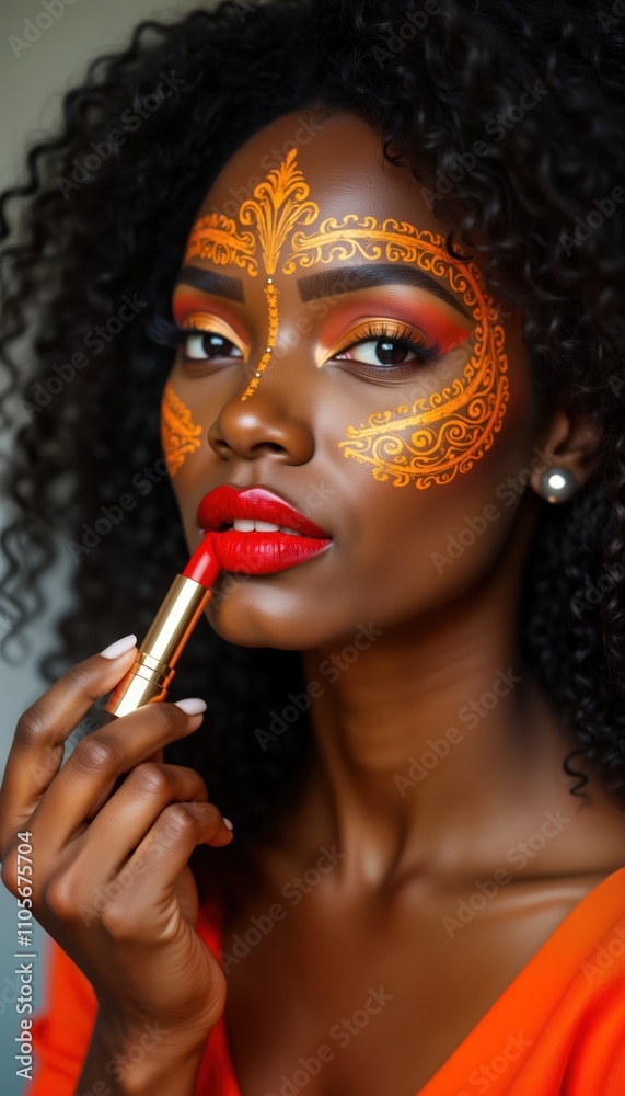Woman applying red lipstick. Stylish makeup, intricate orange face art. Close-up view. Trendy, bold makeup look. Cosmetics, beauty key. Woman putting on makeup in studio. Professional beauty photo. Woman applying red lipstick. Stylish makeup, intricate orange face art. Close-up view. Trendy, bold makeup look. Cosmetics, beauty key. Woman putting on makeup in studio. Professional beauty photo.