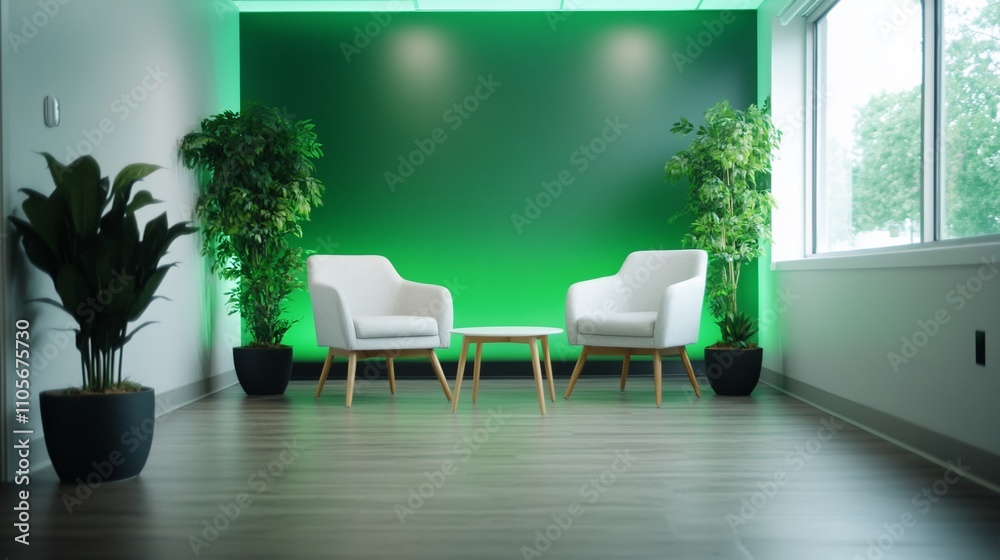 Fototapeta premium Modern office waiting area with green wall, white chairs, and plants.