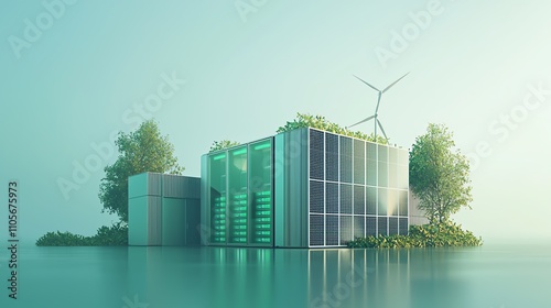 Green data center powered by solar and wind, sustainable tech, 3D illustration