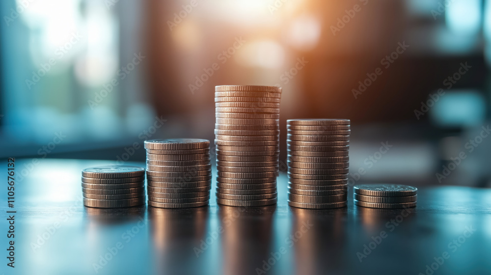 Wealth accumulation displayed through ascending stacks of coins in a sunlit office, symbolizing financial growth and investment strategies. Wealth accumulation displayed through ascending stacks of coins in a sunlit office, symbolizing financial growth and investment strategies.