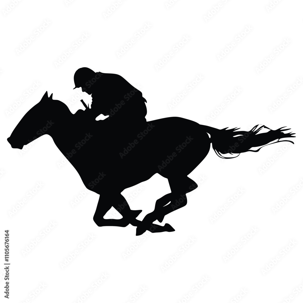 Fototapeta premium Black silhouette of horse and jockey in full gallop. Horse race