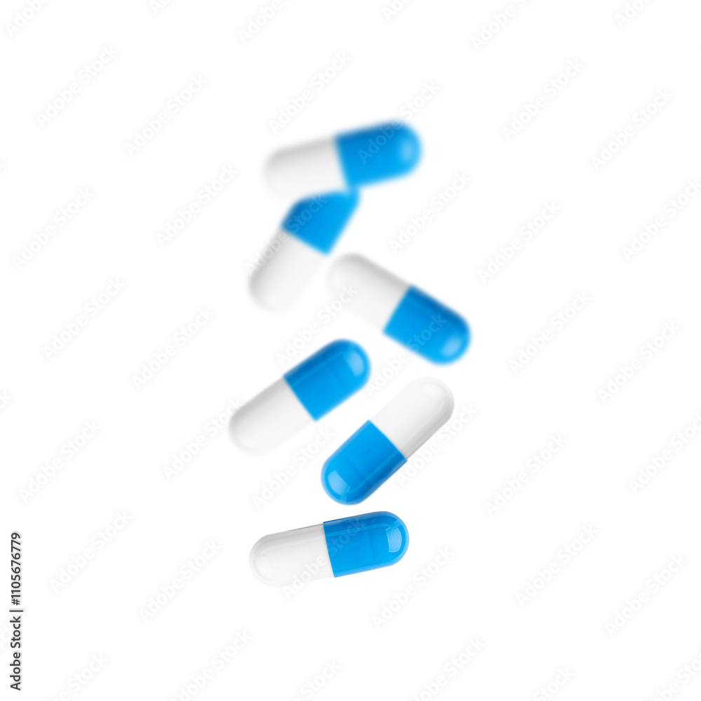 White and blu pill capsule isolated on a white background White and blu pill capsule isolated on a white background