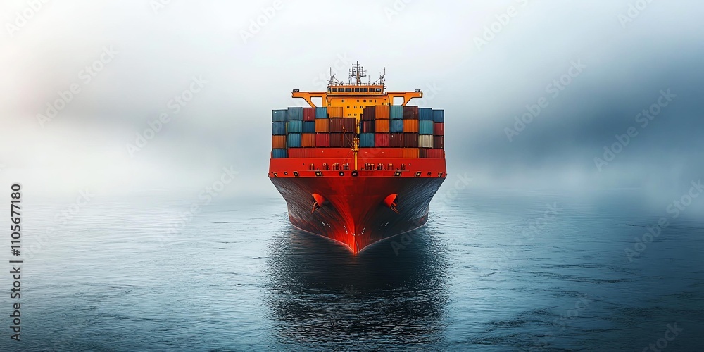 Fototapeta premium A cargo ship navigating through misty waters, showcasing maritime transport.
