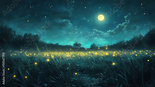 Night Field Illuminated By Fireflies And Moon