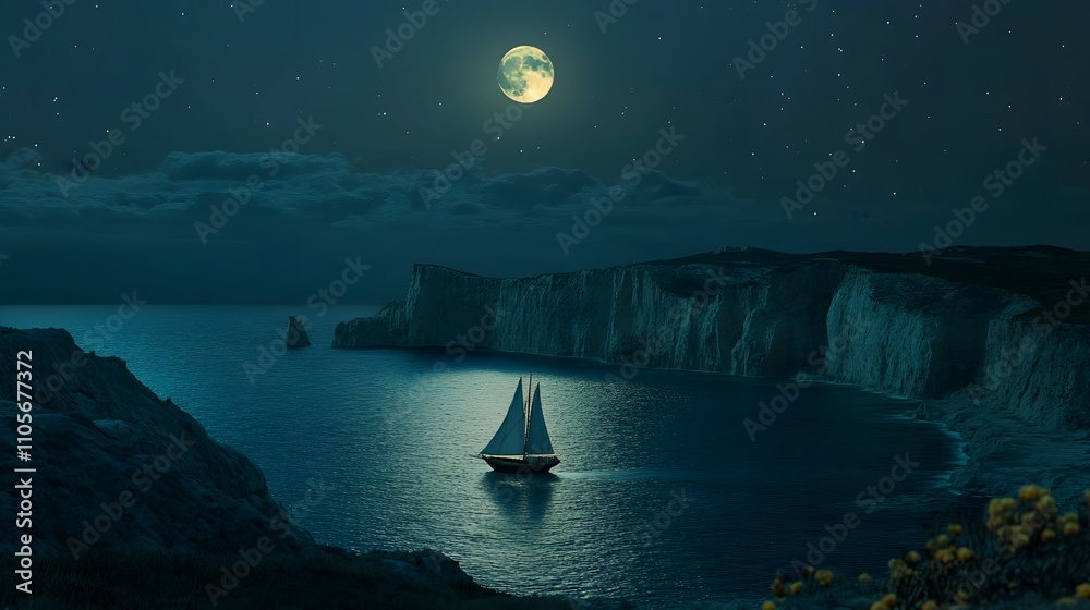 A photo of the moon illuminating an ocean, a boat on its way to sea at night. There are also some rocky cliffs and hills in view. A photo of the moon illuminating an ocean, a boat on its way to sea at night. There are also some rocky cliffs and hills in view.