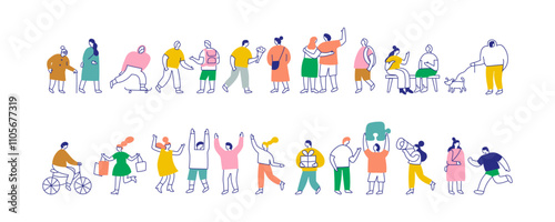 Line art stylized cartoon city people bundle isolated on white background