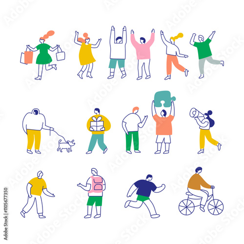 Line art stylized cartoon city people bundle isolated on white background