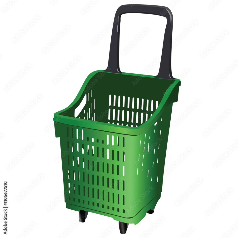 Fototapeta premium 3d realistic vector supermarket food cart plastic green empty basket with black handle. Isolated on white background.