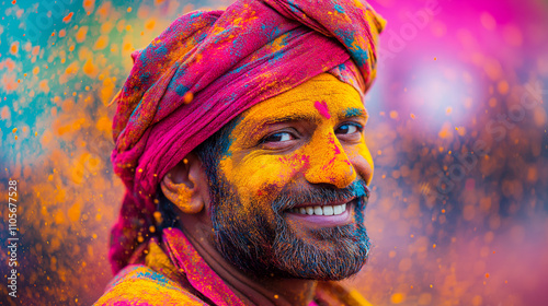 Holi bursts to life in a vivid display of colors as a man smiles, adorned in vibrant powders, embodying the festivals spirit of joy and unity. photo