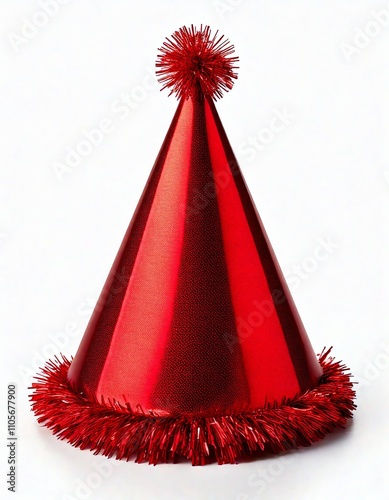 A vibrant red party hat with shiny tinsel, perfect for celebrations and festive occasions.