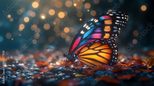 A vibrant monarch butterfly rests on a bed of autumn leaves in a magical, glowing forest setting.