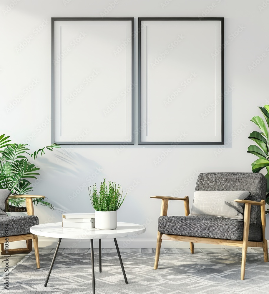 Two blank picture frames on a white wall above a grey armchair with wooden armrests Two blank picture frames on a white wall above a grey armchair with wooden armrests