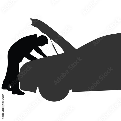 Car repairs. Auto mechanic opened the hood and repaired the car. Vector illustration