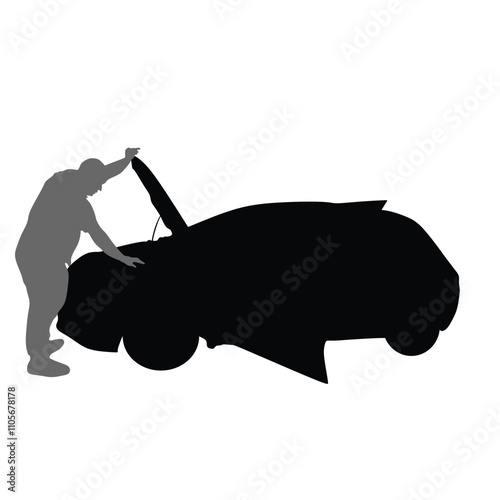 Car repairs. Auto mechanic opened the hood and repaired the car. Vector illustration