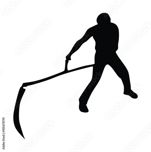 Vector image of the man who mows grass manual scythe