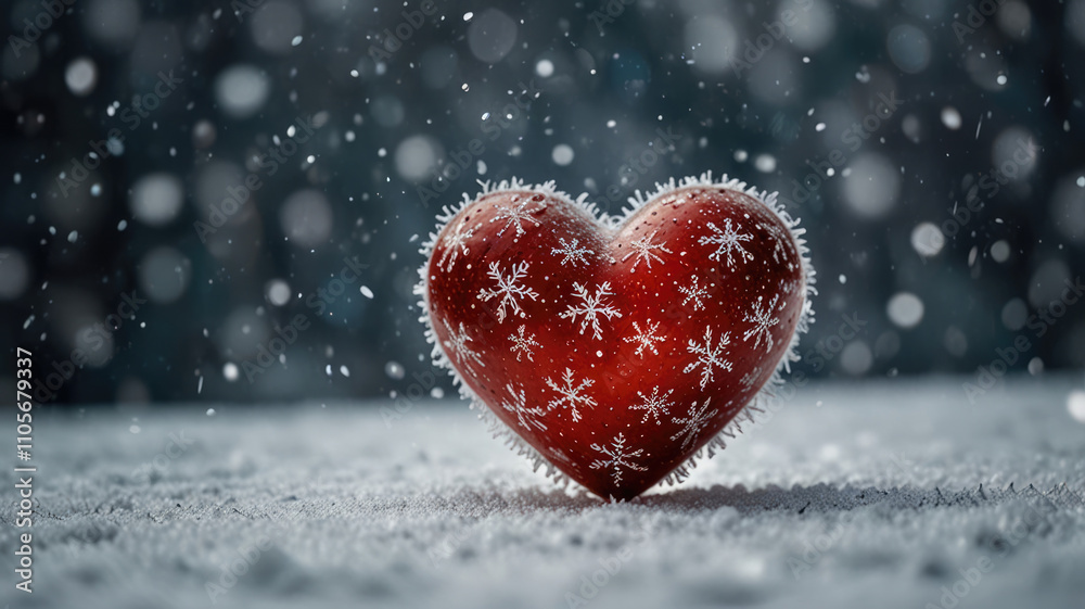 Scarlet heart on snow. Frozen, studded with snowflakes, red heart on the background of snowy landscape, symbolizing love and warmth in the winter season Scarlet heart on snow. Frozen, studded with snowflakes, red heart on the background of snowy landscape, symbolizing love and warmth in the winter season