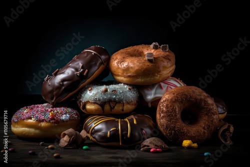 Chocolate donuts with various toppings . Homemade donuts with chocolate glaze toppings. photo