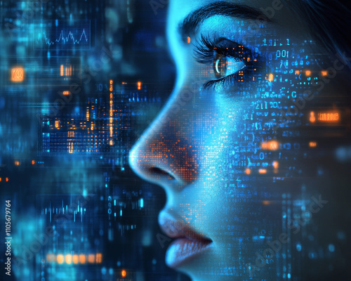 Digital portrait of woman with data visualization elements, showcasing technology