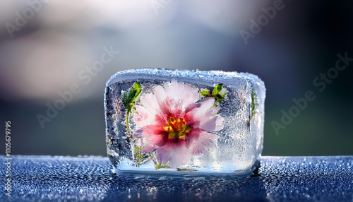 ice cube with a small flower frozen inside, surrounded by light condensation