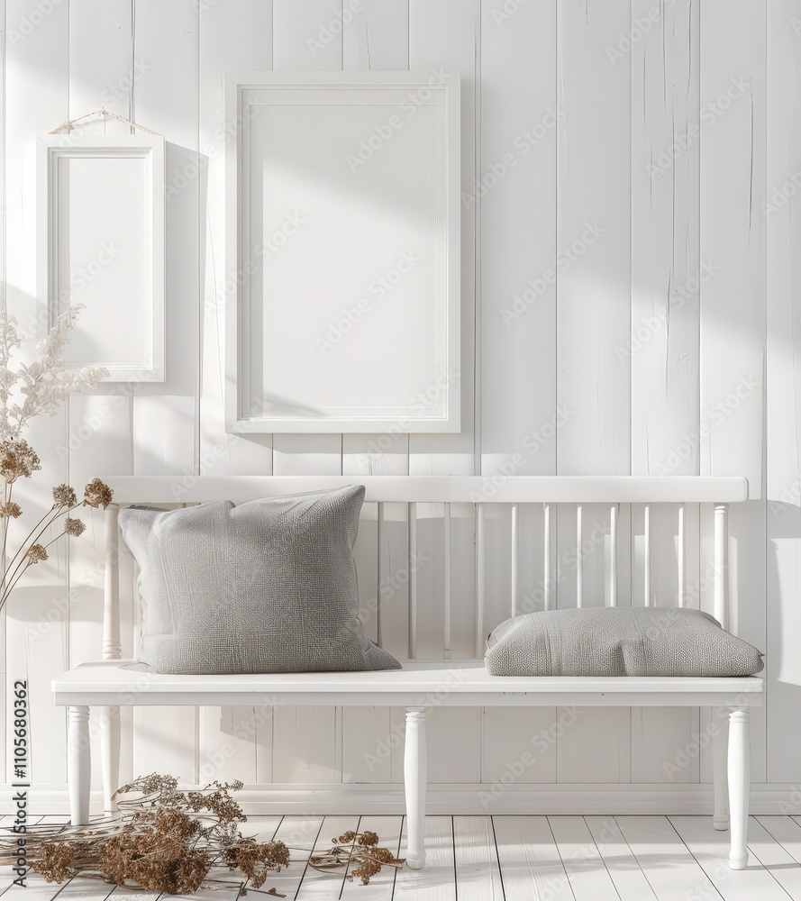 White bench with gray pillow and two empty frames on a white paneled wall. with dried flower stems