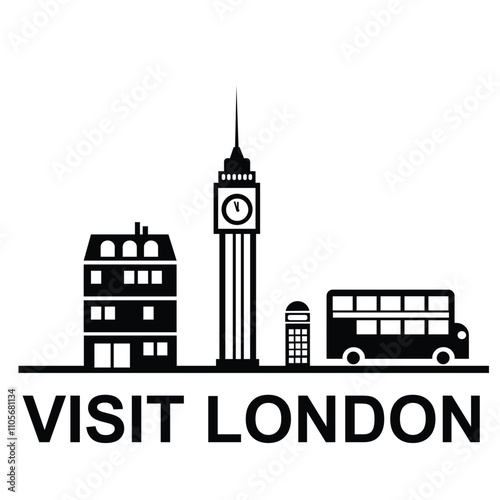 London skyline silhouette vector illustration, black and white design