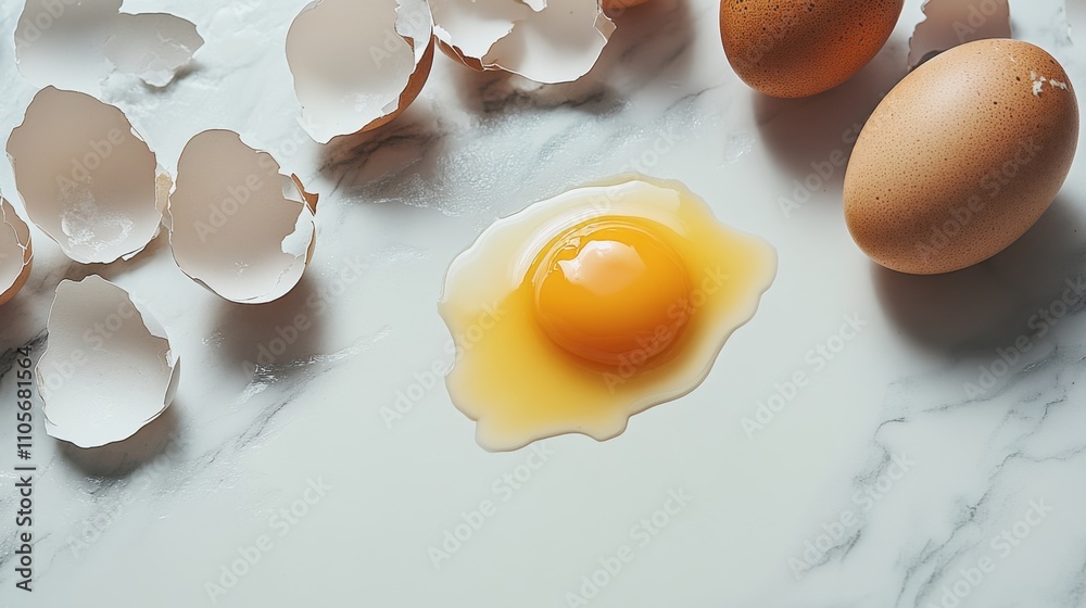 Cracked egg with yolk spilling out surrounded by empty eggshells, symbolizing food safety recall on clean white surface. Cracked egg with yolk spilling out surrounded by empty eggshells, symbolizing food safety recall on clean white surface.