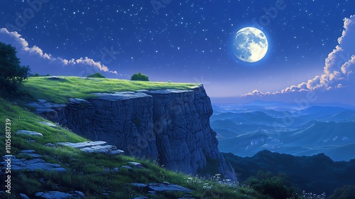 Nighttime Clifftop View Moonlit Mountain Landscape