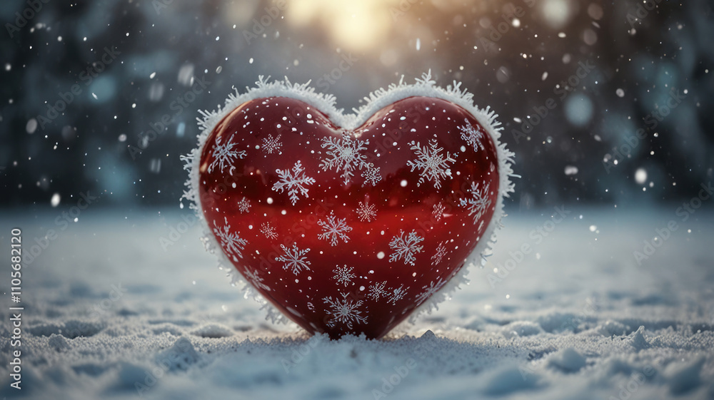 Scarlet heart on snow. Frozen, studded with snowflakes, red heart on the background of snowy landscape, symbolizing love and warmth in the winter season Scarlet heart on snow. Frozen, studded with snowflakes, red heart on the background of snowy landscape, symbolizing love and warmth in the winter season