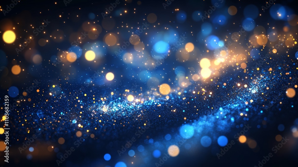 Obraz premium Abstract bokeh background with glittering blue and gold particles.