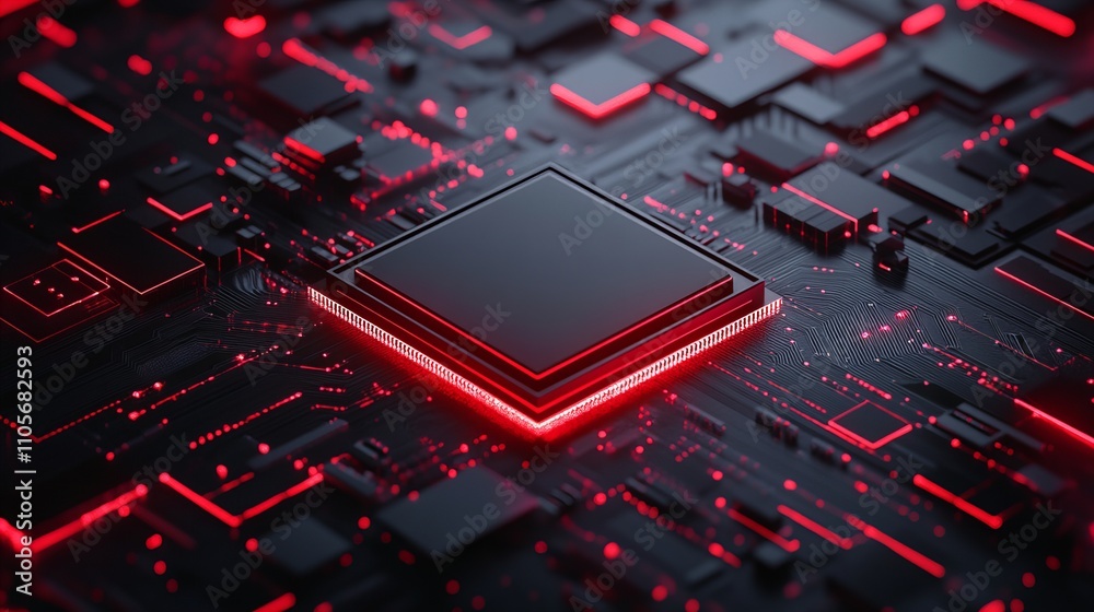 A highly detailed futuristic microchip with glowing red neon circuits, highlighting advanced technology and intricate digital design A highly detailed futuristic microchip with glowing red neon circuits, highlighting advanced technology and intricate digital design