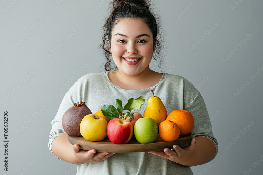 Plus-size girl trying different fruits on a wooden board Plus-size girl trying different fruits on a wooden board