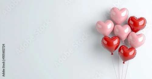 Valentine's Day Gift Cover. Background with brightly colored balloon hearts, red and pink, with space for text. Holiday and surprise concept. Photorealism.