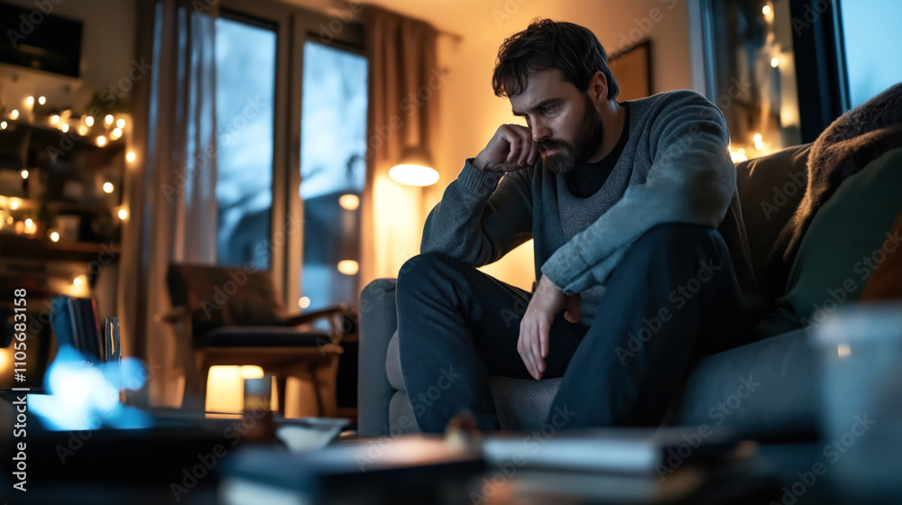 Man sitting on a sofa in a cozy dimly lit living room, looking thoughtful and contemplative, with string lights and soft furnishings creating a warm atmosphere. Man sitting on a sofa in a cozy dimly lit living room, looking thoughtful and contemplative, with string lights and soft furnishings creating a warm atmosphere.