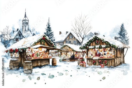 Wallpaper Mural A charming winter market scene featuring wooden stalls adorned with festive decorations and snow-covered rooftops. Torontodigital.ca