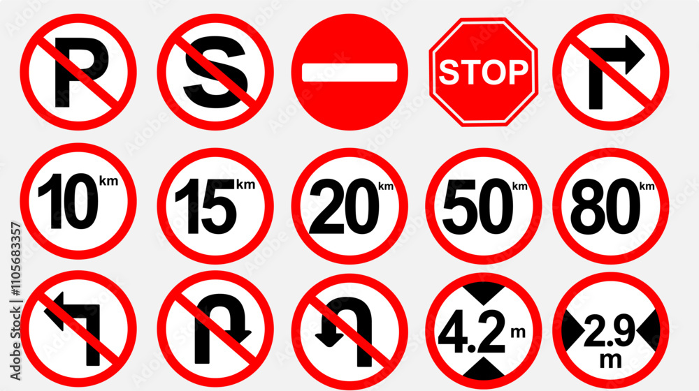 illustration or vector symbol of no parking, no entry, no stopping, speed limit, no turning, maximum weight, maximum height, maximum width. traffic sign illustration or vector symbol of no parking, no entry, no stopping, speed limit, no turning, maximum weight, maximum height, maximum width. traffic sign