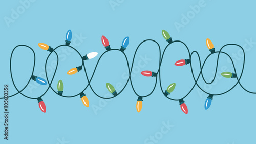 Colorful Christmas string lights tangled in a playful pattern on a light blue background
