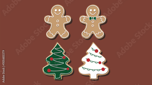 Gingerbread cookies shaped like men and Christmas trees, decorated with icing and candy, festive holiday treat on a brown background
