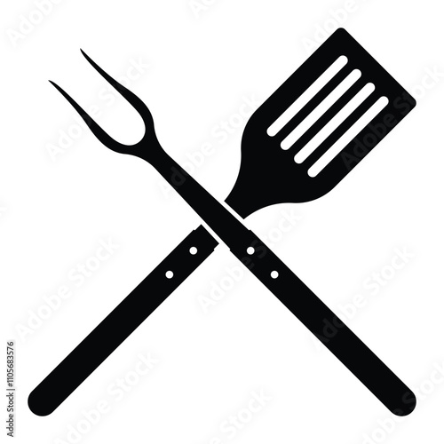 Crossed frying spatula and fork vector icon. BBQ or grill tools symbol. Barbecue sign. Black silhouette isolated on white background. Perfect for barbecue, cooking, or kitchen design themes.