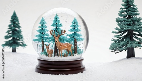 christmas tree in snow, deer in winter forest