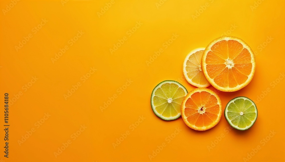 Fresh Citrus Slices on Vibrant Yellow Background, copy space. Fresh Citrus Slices on Vibrant Yellow Background, copy space.