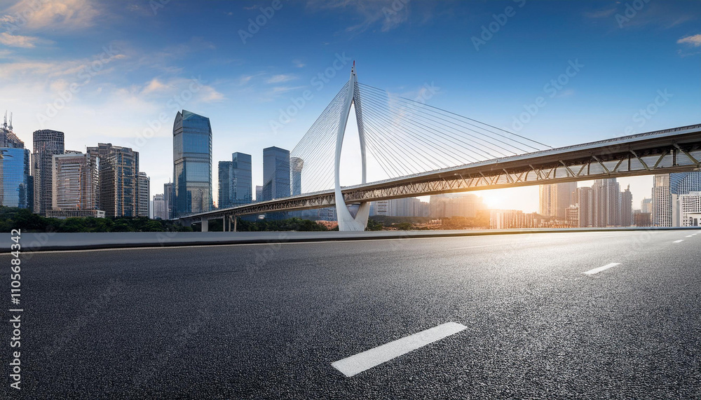 Naklejka premium Asphalt road and bridge with modern city buildings scenery