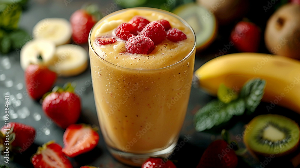 Refreshing berry smoothie captured on a wooden table with fruits around Refreshing berry smoothie captured on a wooden table with fruits around