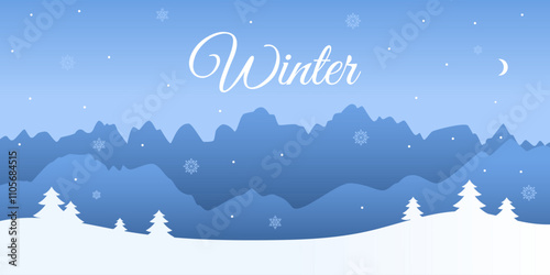 Serene winter landscape with snowy fields, trees, and a peaceful atmosphere. Vector background for seasonal designs, holiday themes and greeting cards