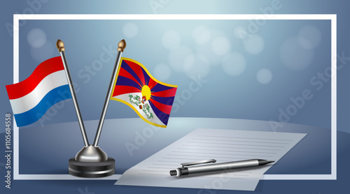 Netherlands and Tibet Small national flag on bokeh background, cooperative relationship