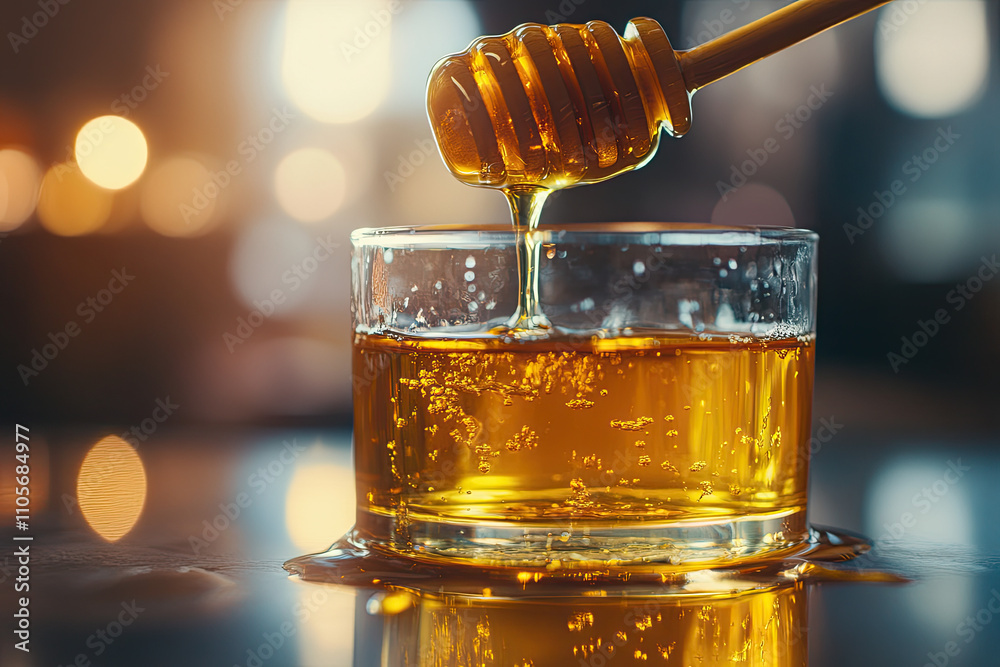 Advertising photo of honey with wax on glass Advertising photo of honey with wax on glass
