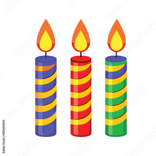Three candles with different colors and stripes. One is blue, one is red, and one is green