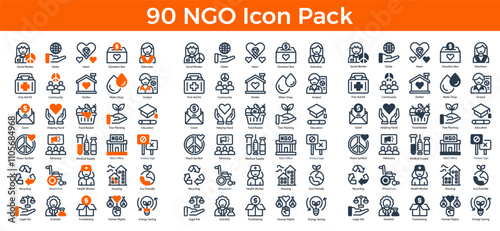 90 NGO Icons in 3 Styles (Line, Solid, Two-Tone), Featuring Advocacy, Donation Box, Fundraising, and More – Vector Illustrations