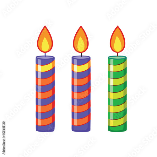 Three candles with different colors and stripes. One is blue, one is red, and one is green